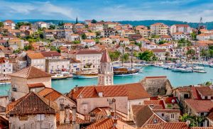 a high angle view of the old town of trogir, croatia in the fore