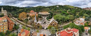 aerial drone panoramic view of park guell in barcelona, spain