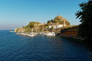 old venetian fortress in corfu is a venetian fortress in the city of corfu during byzantine times. sea port on greece island, blue sky and blue sea