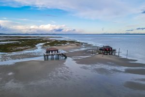 cabins on piloti in isle of birds, arcachon bay, aquitaine, france