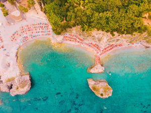 aerial view of hawaii beach in budva, montenegro.