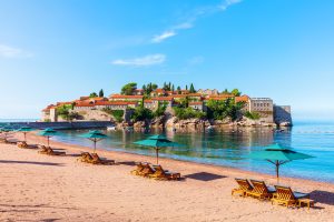 beautiful view of the beach next to the sveti stefan island, budva region, montenegro
